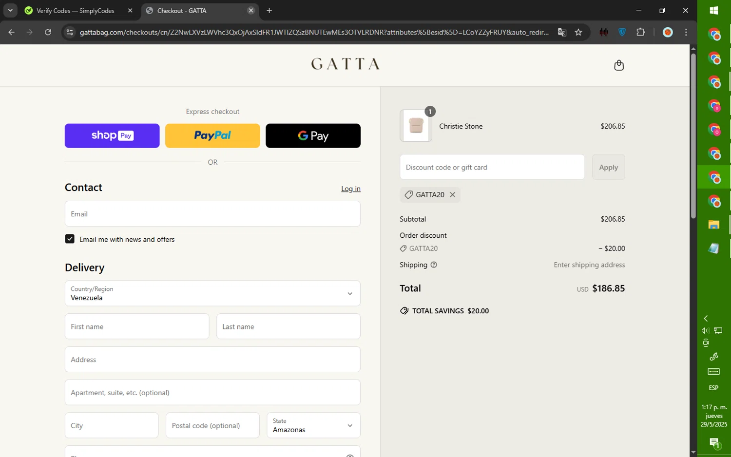 GATTA promo code screenshot showing code GATTA20 applied at GATTA checkout page. Uploaded by SimplyCodes community member ValiantWarden8956 on May 29, 2025