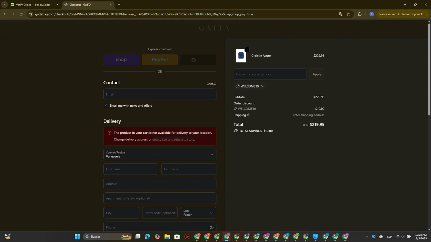 GATTA promo code screenshot showing code WELCOME10 applied at GATTA checkout page. Uploaded by SimplyCodes community member ExtraordinarySaver3260 on Dec 5, 2025