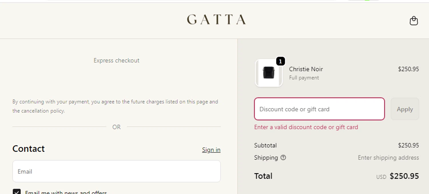 GATTA promo code screenshot showing code YD4VM0B4RZK4 applied at GATTA checkout page. Uploaded by SimplyCodes community member MOYSEY007 on Dec 10, 2025