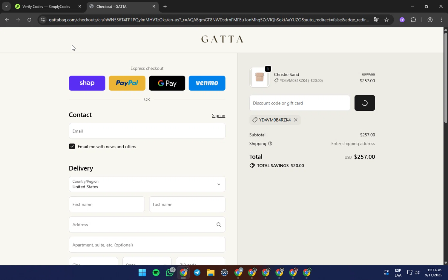 GATTA promo code screenshot showing code YD4VM0B4RZK4 applied at GATTA checkout page. Uploaded by SimplyCodes community member Matrixx on Nov 9, 2025
