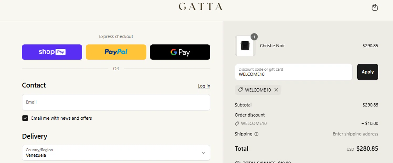 GATTA promo code screenshot showing code WELCOME10 applied at GATTA checkout page. Uploaded by SimplyCodes community member Jhonny on May 29, 2025