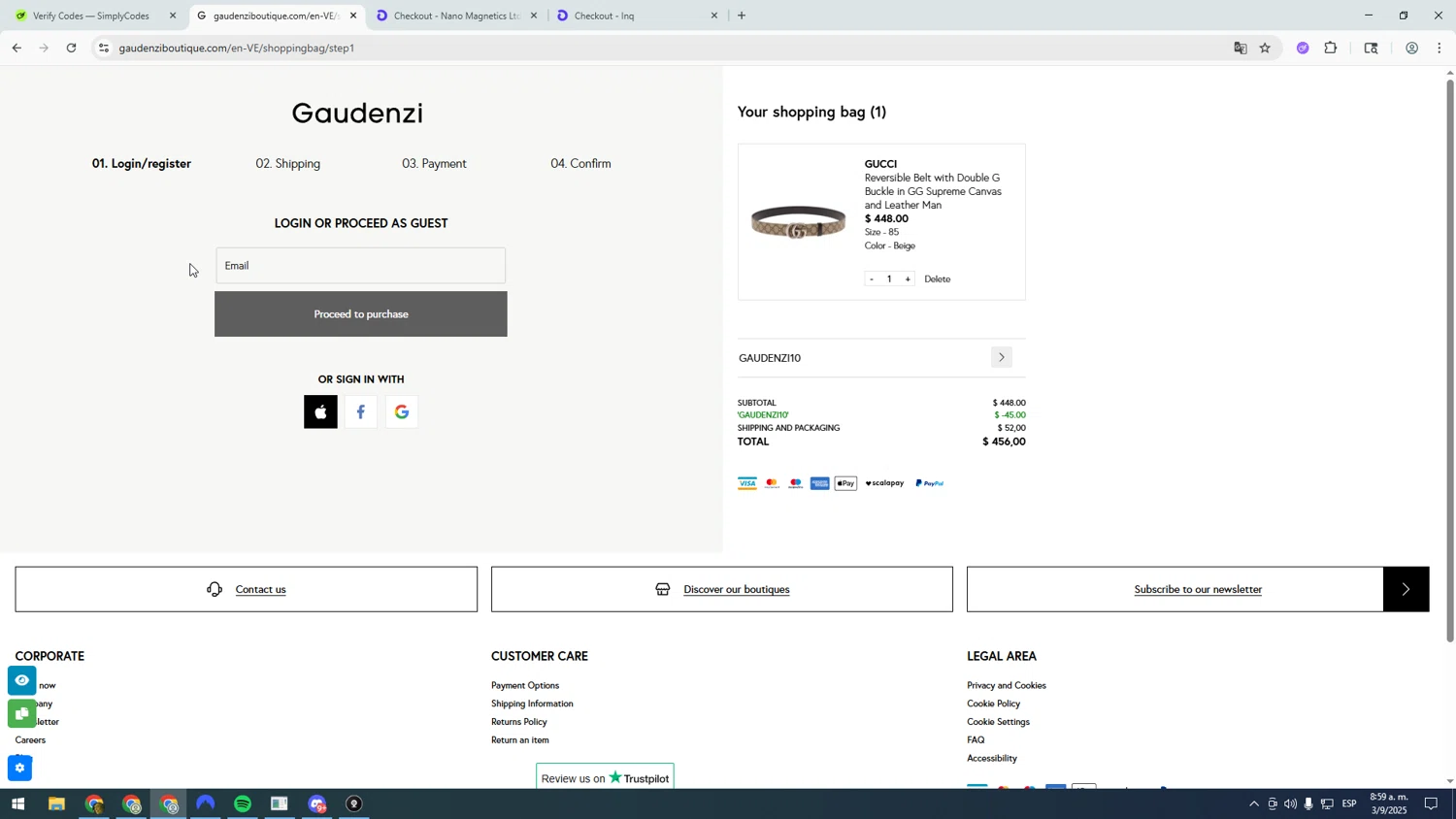 Gaudenzi Boutique promo code screenshot showing code GAUDENZI10 applied at Gaudenzi Boutique checkout page. Uploaded by SimplyCodes community member asdasdasd on Sep 3, 2025