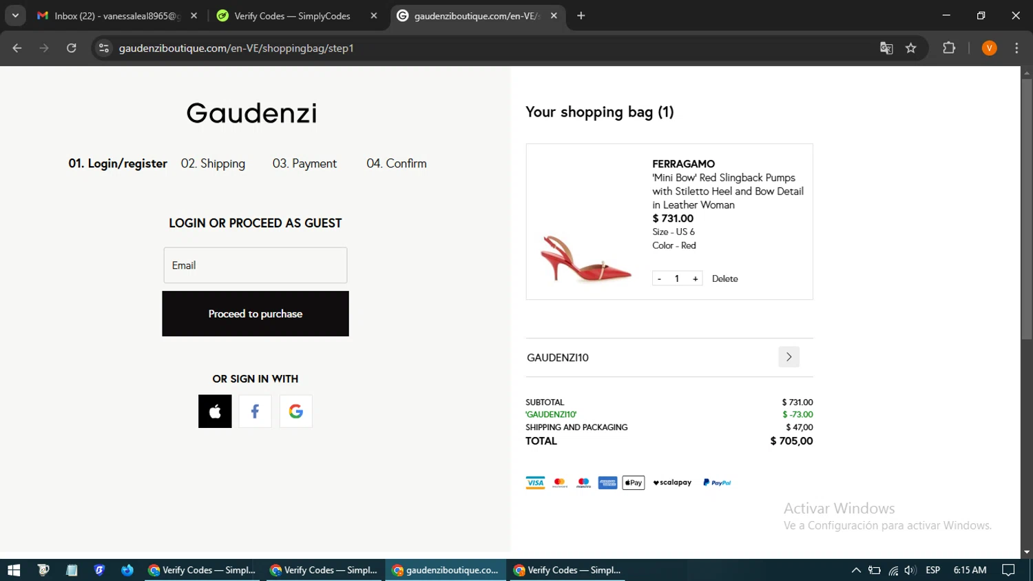 Gaudenzi Boutique promo code screenshot showing code GAUDENZI10 applied at Gaudenzi Boutique checkout page. Uploaded by SimplyCodes community member CleverSpotter4192 on Feb 15, 2025