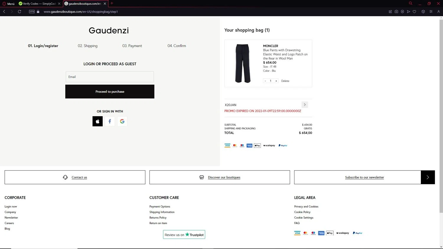 Gaudenzi Boutique promo code screenshot showing code X20JAN applied at Gaudenzi Boutique checkout page. Uploaded by SimplyCodes community member CleverAdmiral2537 on Feb 18, 2025