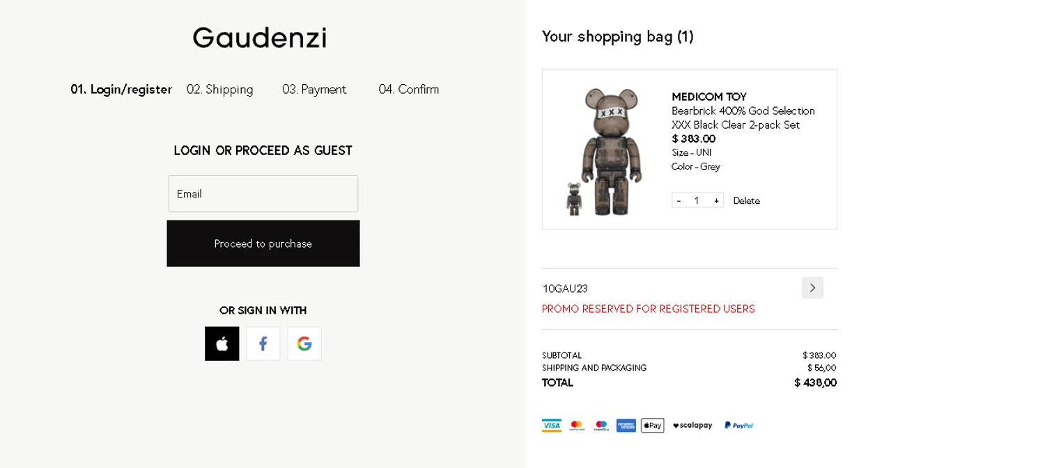 Gaudenzi Boutique promo code screenshot showing code 10GAU23 applied at Gaudenzi Boutique checkout page. Uploaded by SimplyCodes community member CRYSTALSUICINE on Feb 7, 2026