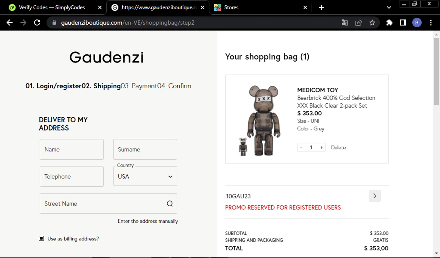 Gaudenzi Boutique promo code screenshot showing code 10GAU23 applied at Gaudenzi Boutique checkout page. Uploaded by SimplyCodes community member ValueCurator4241 on Mar 20, 2025