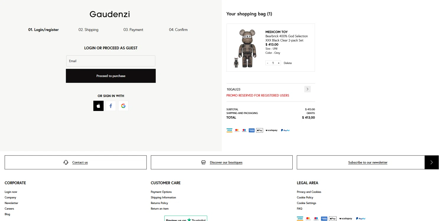 Gaudenzi Boutique promo code screenshot showing code 10GAU23 applied at Gaudenzi Boutique checkout page. Uploaded by SimplyCodes community member DealOwl558 on Apr 21, 2025