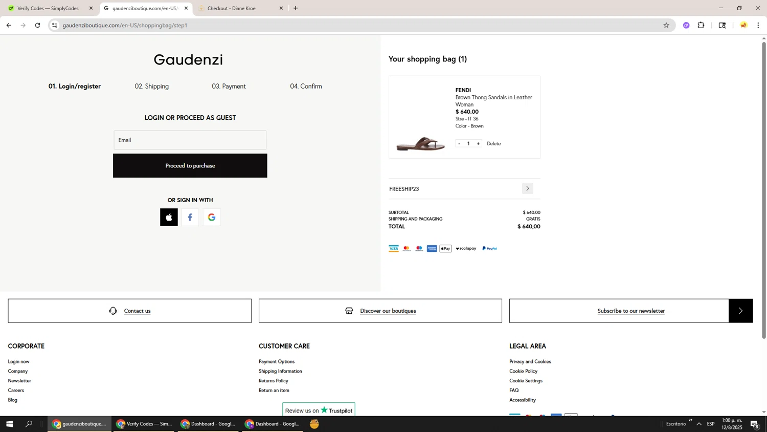 Gaudenzi Boutique promo code screenshot showing code FREESHIP23 applied at Gaudenzi Boutique checkout page. Uploaded by SimplyCodes community member Richard251 on Aug 12, 2025