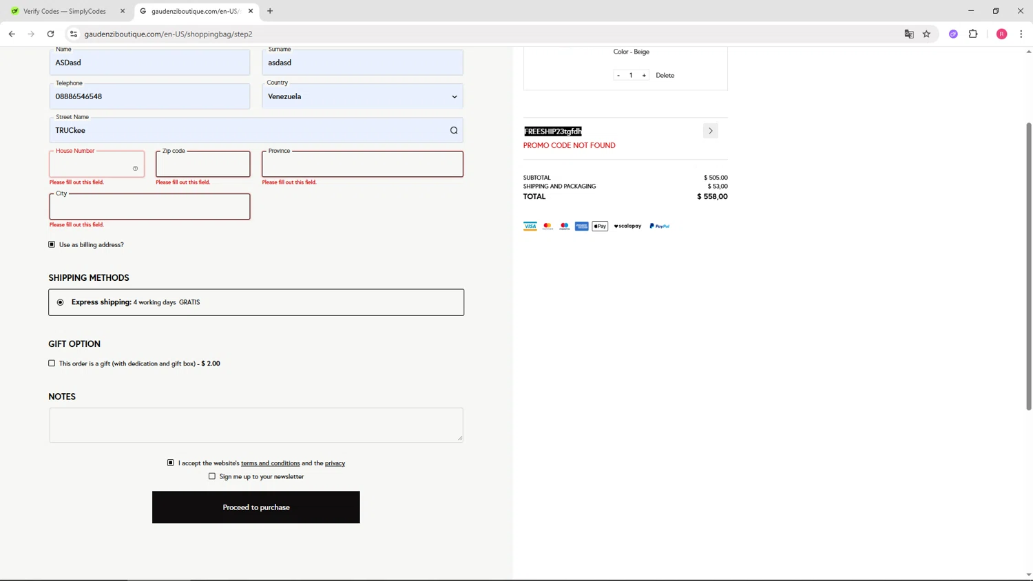 Gaudenzi Boutique promo code screenshot showing code FREESHIP23 applied at Gaudenzi Boutique checkout page. Uploaded by SimplyCodes community member TTTT55 on Sep 10, 2025