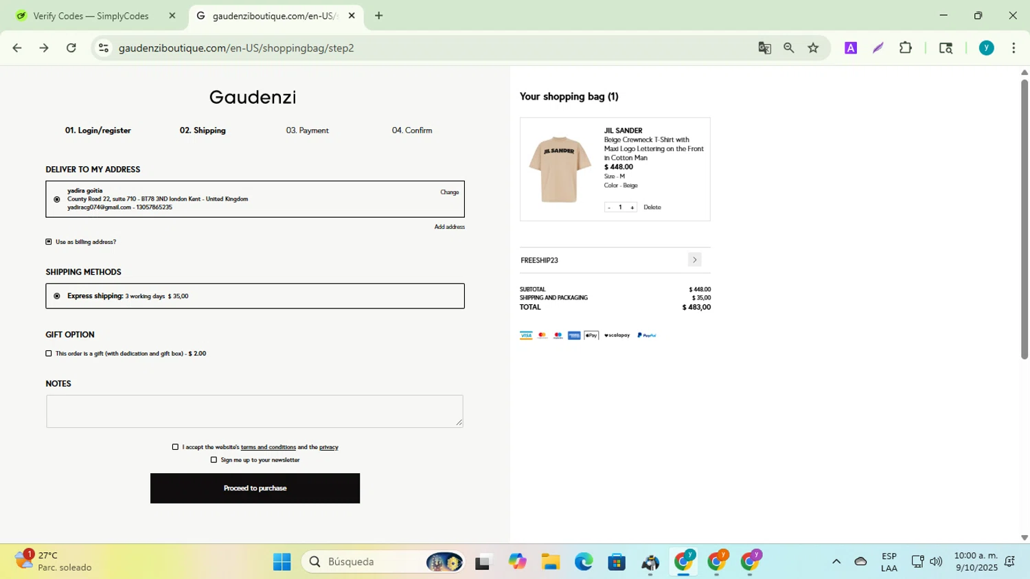 Gaudenzi Boutique promo code screenshot showing code FREESHIP23 applied at Gaudenzi Boutique checkout page. Uploaded by SimplyCodes community member yadiracg074 on Oct 9, 2025