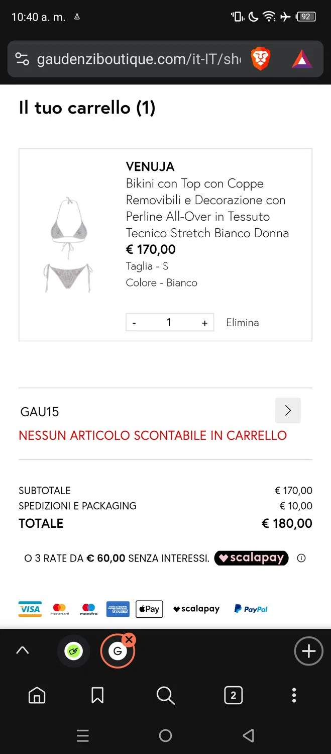 Gaudenzi Boutique promo code screenshot showing code GAU15 applied at Gaudenzi Boutique checkout page. Uploaded by SimplyCodes community member Angel444 on Jul 14, 2025