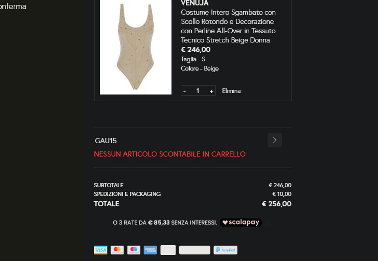 Gaudenzi Boutique promo code screenshot showing code GAU15 applied at Gaudenzi Boutique checkout page. Uploaded by SimplyCodes community member xocelot44x on Jul 14, 2025