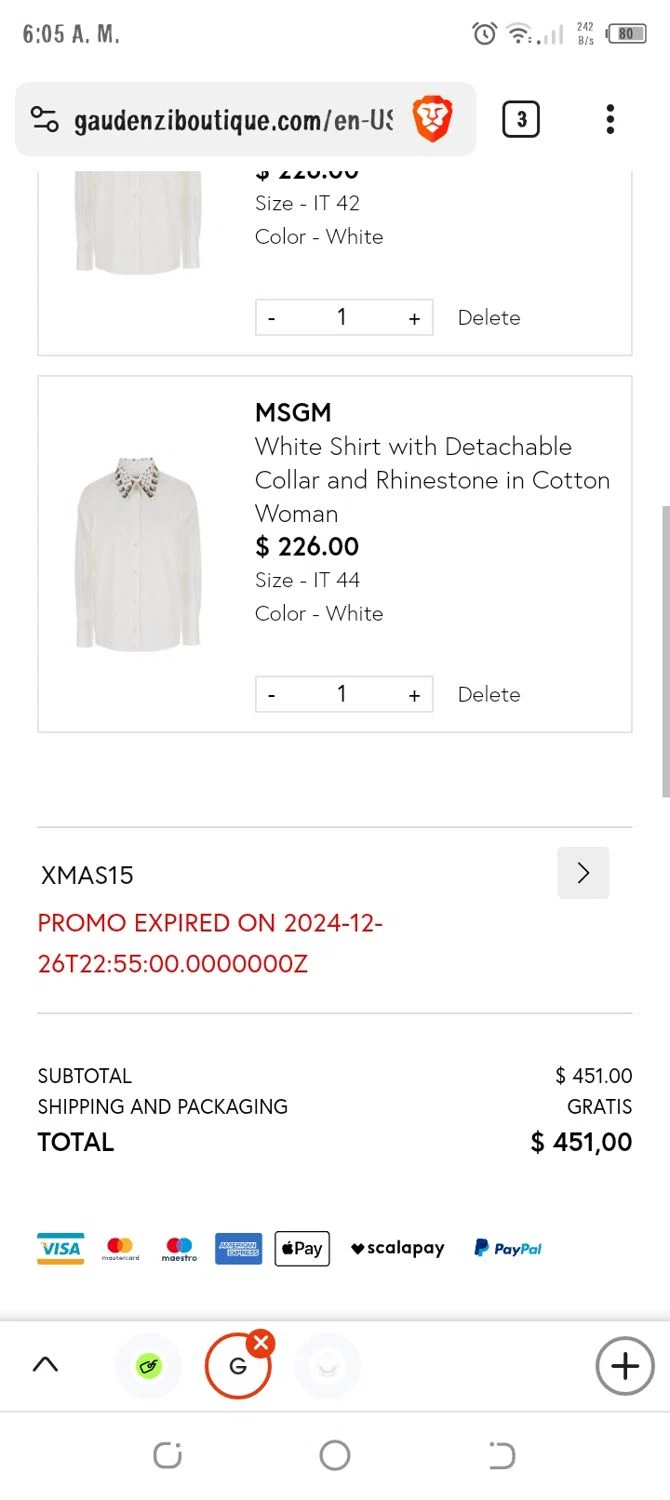 Gaudenzi Boutique promo code screenshot showing code XMAS15 applied at Gaudenzi Boutique checkout page. Uploaded by SimplyCodes community member Navarro10 on Jan 8, 2025