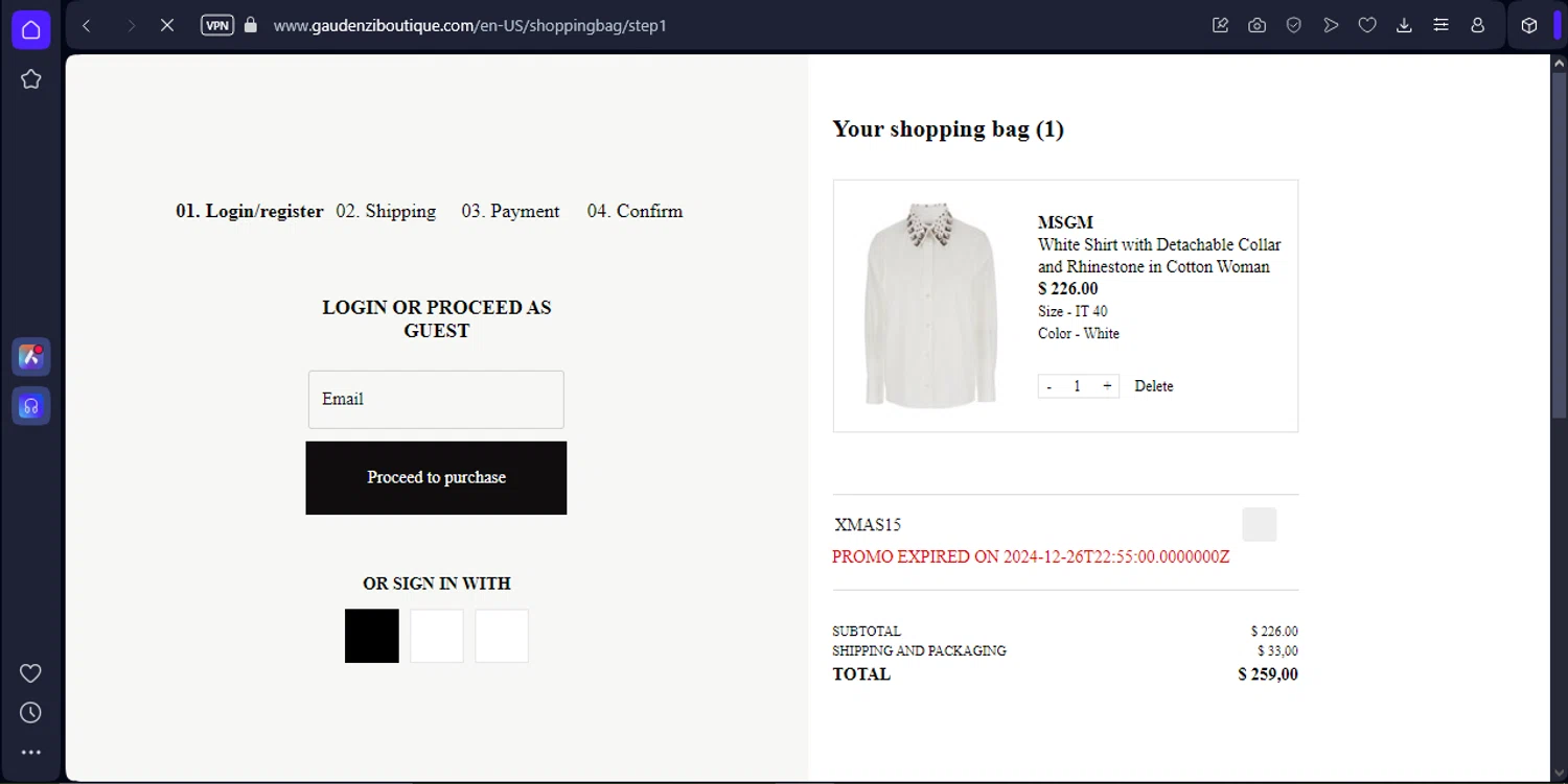 Gaudenzi Boutique promo code screenshot showing code XMAS15 applied at Gaudenzi Boutique checkout page. Uploaded by SimplyCodes community member SilverKnight4465 on Jan 8, 2025