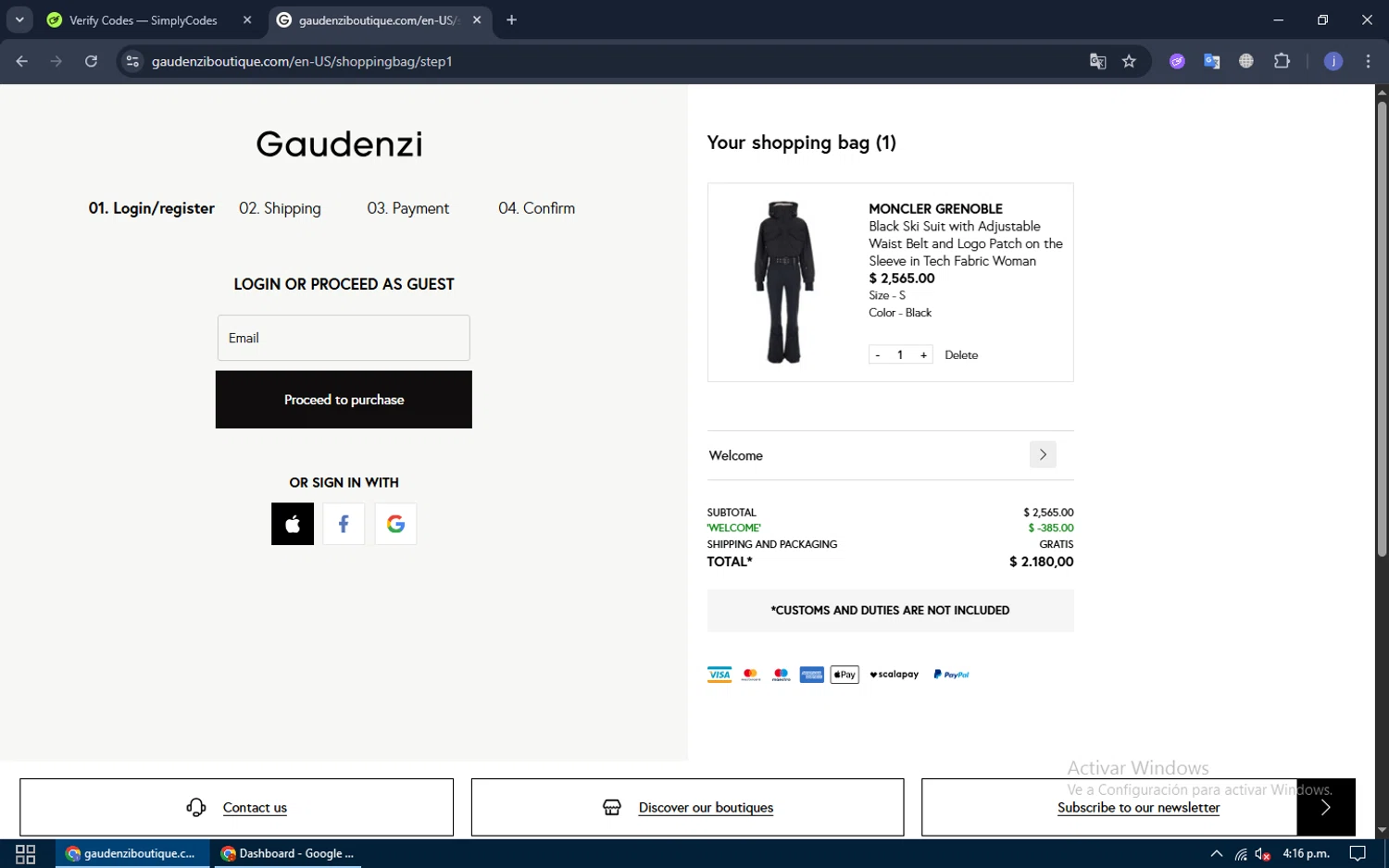Gaudenzi Boutique promo code screenshot showing code Welcome applied at Gaudenzi Boutique checkout page. Uploaded by SimplyCodes community member Chimuelo on Dec 8, 2025