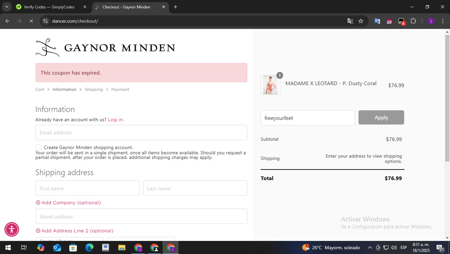 Gaynor Minden coupon code screenshot showing code freeyourfeet applied at Gaynor Minden checkout page. Uploaded by SimplyCodes community member Batman on Jan 18, 2025