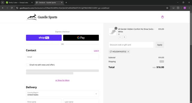 Gazelle Sports checkout page showing Gazelle Sports coupon code box | Screenshot taken by SimplyCodes community member on Dec 13, 2024