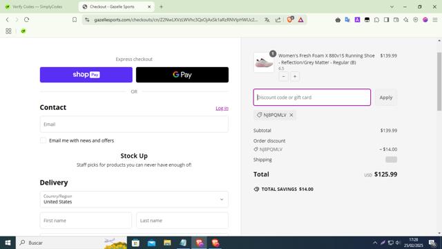 Gazelle Sports checkout page showing Gazelle Sports coupon code box | Screenshot taken by SimplyCodes community member on Feb 25, 2025