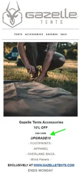 Gazelle Tents coupon verification screenshot