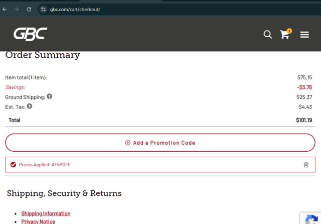 GBC checkout page showing GBC promo code box | Screenshot taken by SimplyCodes community member on Aug 24, 2025
