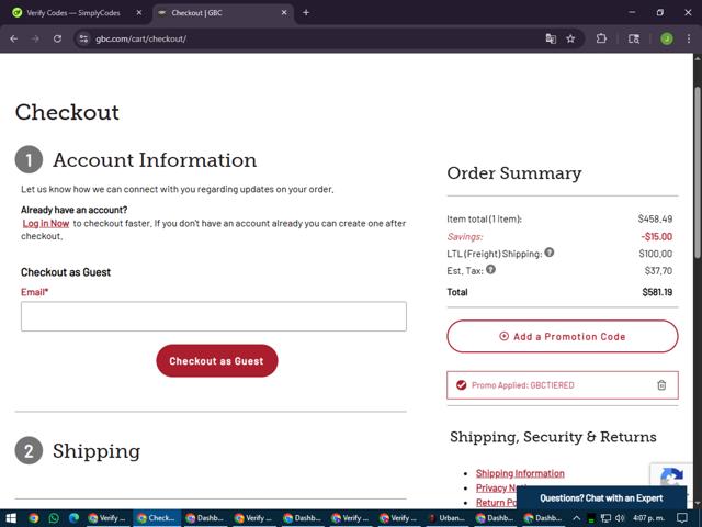 GBC checkout page showing GBC promo code box | Screenshot taken by SimplyCodes community member on Aug 1, 2025