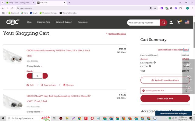 GBC checkout page showing GBC promo code box | Screenshot taken by SimplyCodes community member on Aug 5, 2025