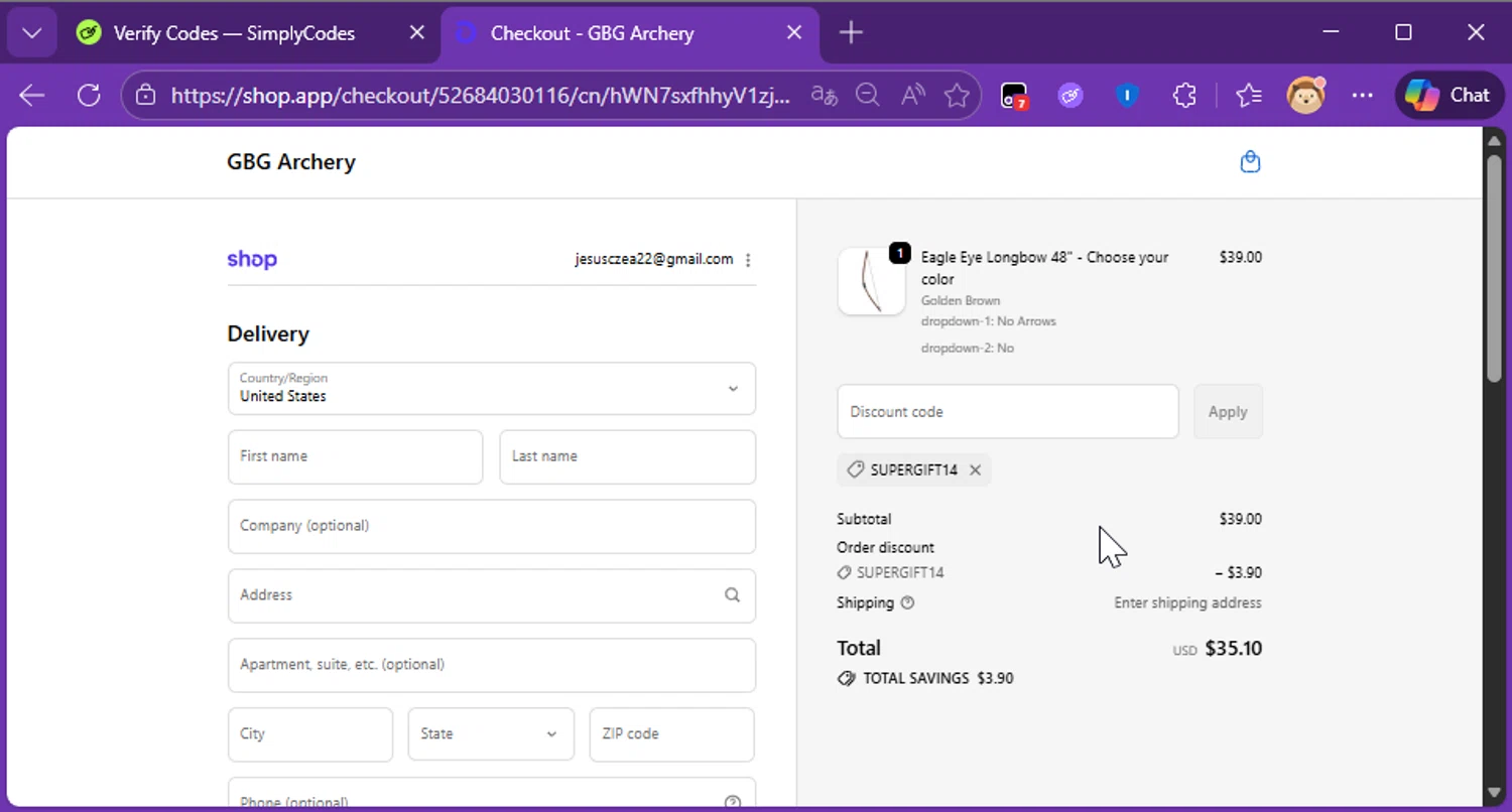 GBG Archery promo code screenshot showing code supergift14 applied at GBG Archery checkout page. Uploaded by SimplyCodes community member Raibelys_18 on Jan 22, 2026