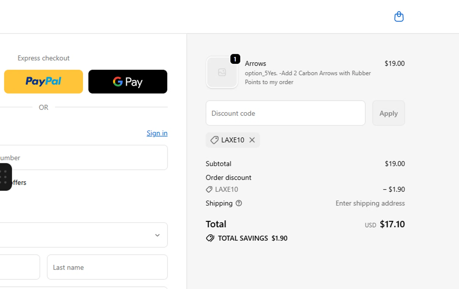 GBG Archery promo code screenshot showing code LAXE10 applied at GBG Archery checkout page. Uploaded by SimplyCodes community member Loki_Odinson on Feb 17, 2026
