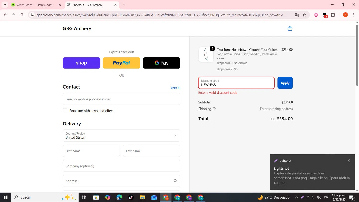 GBG Archery promo code screenshot showing code NEWYEAR applied at GBG Archery checkout page. Uploaded by SimplyCodes community member FrugalSentinel6206 on Dec 20, 2025