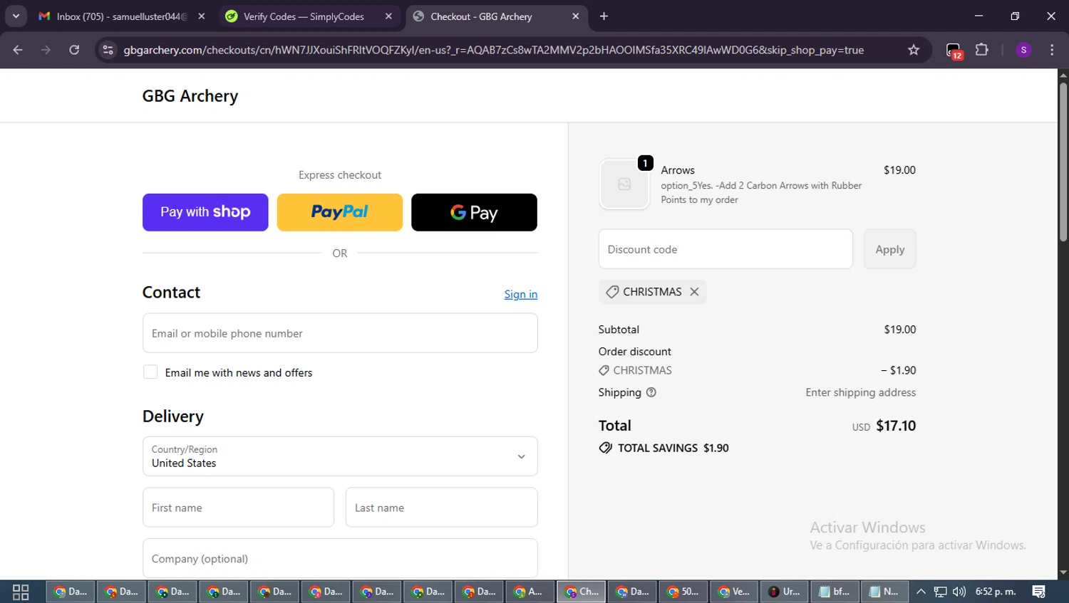 GBG Archery promo code screenshot showing code CHRISTMAS applied at GBG Archery checkout page. Uploaded by SimplyCodes community member ShieldWarden7838 on Jan 6, 2026