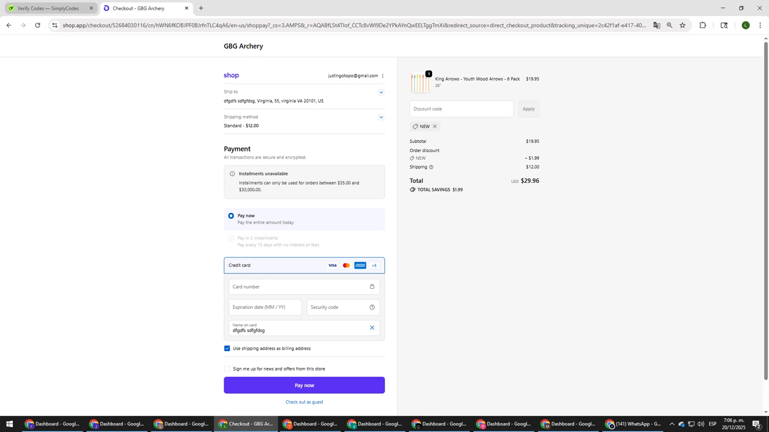 GBG Archery promo code screenshot showing code NEW applied at GBG Archery checkout page. Uploaded by SimplyCodes community member DUCATI on Dec 20, 2025