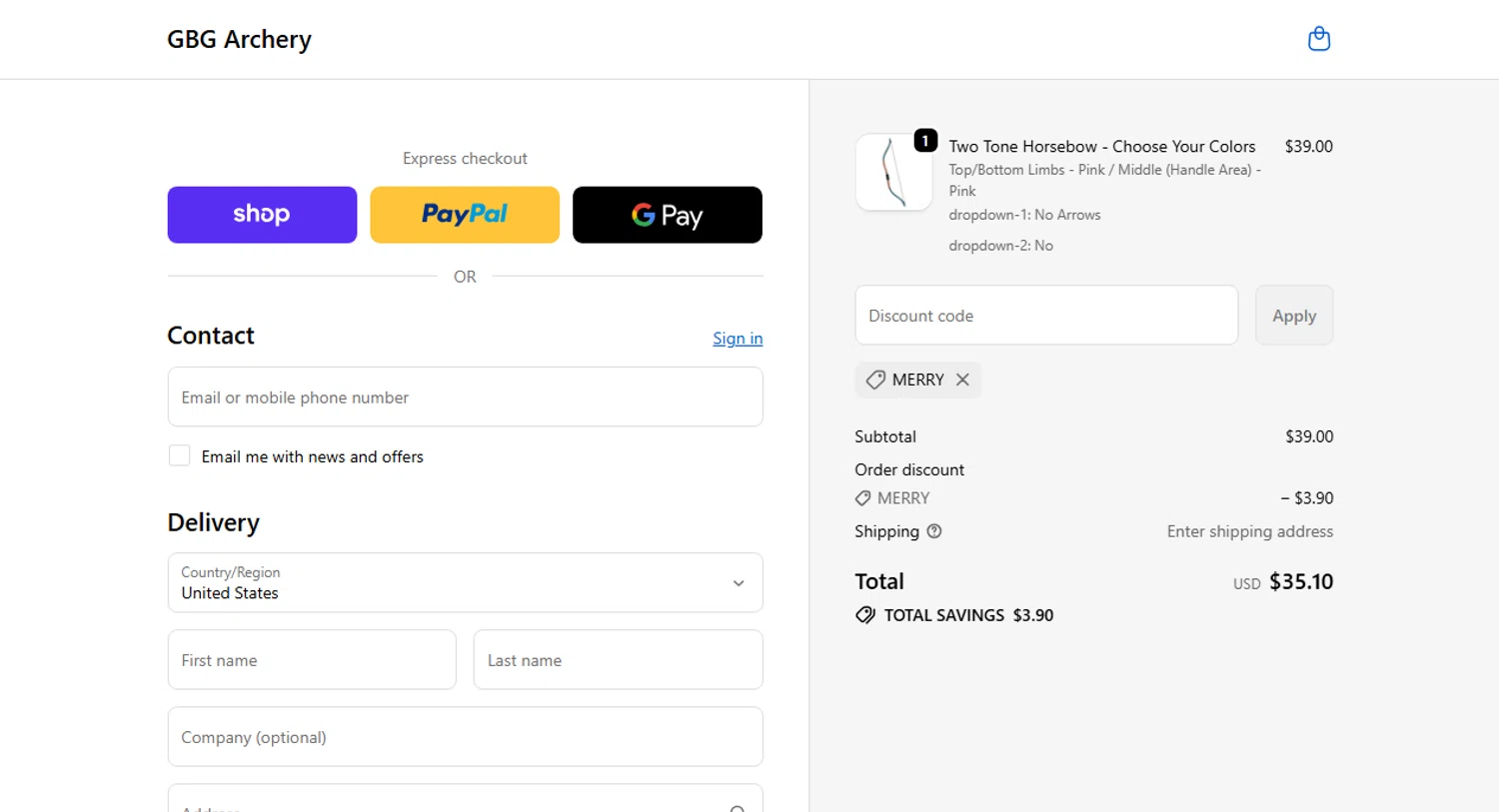 GBG Archery promo code screenshot showing code MERRY applied at GBG Archery checkout page. Uploaded by SimplyCodes community member Moonkey on Dec 20, 2025