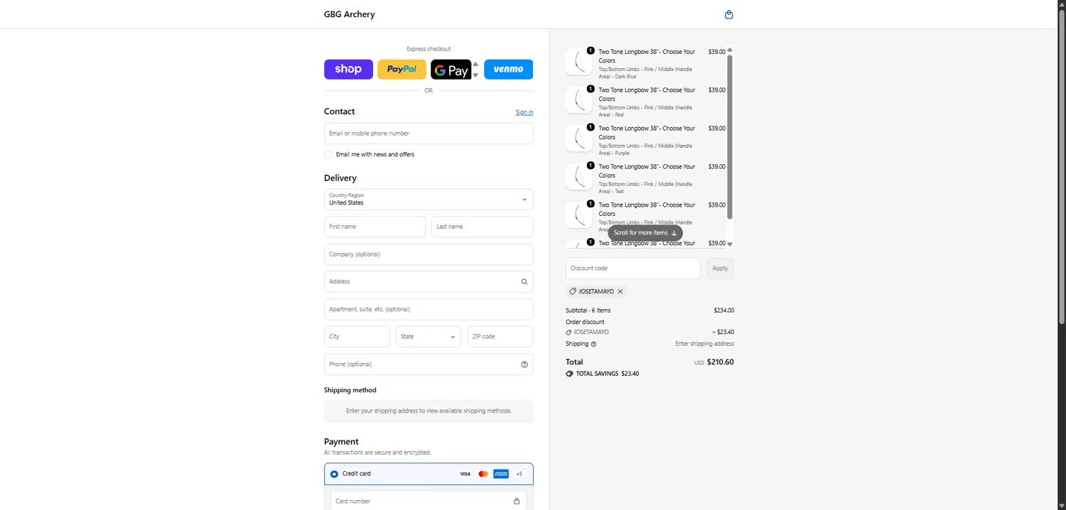 GBG Archery promo code screenshot showing code JOSETAMAYO applied at GBG Archery checkout page. Uploaded by SimplyCodes community member SavvyCollector7681 on Feb 20, 2026
