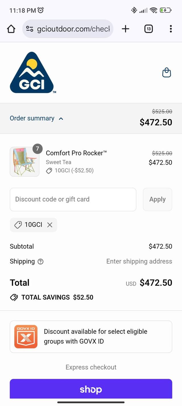 GCI Outdoor checkout page showing GCI Outdoor coupon code box | Screenshot taken by SimplyCodes community member on Sep 12, 2025