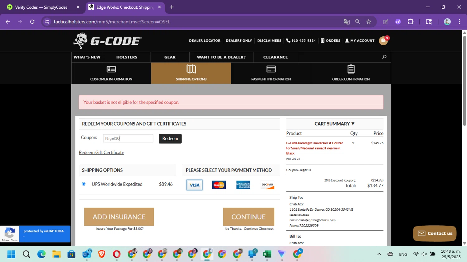 G-Code Holsters promo code screenshot showing code Nigel10 applied at G-Code Holsters checkout page. Uploaded by SimplyCodes community member Marielis on May 25, 2025