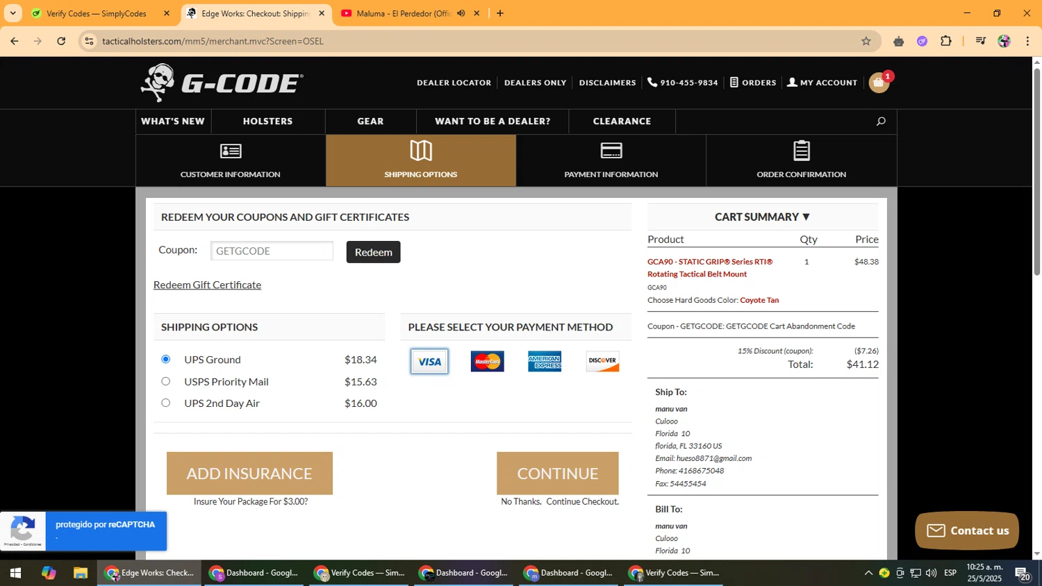 G-Code Holsters promo code screenshot showing code GETGCODE applied at G-Code Holsters checkout page. Uploaded by SimplyCodes community member Vanmanuel on May 25, 2025