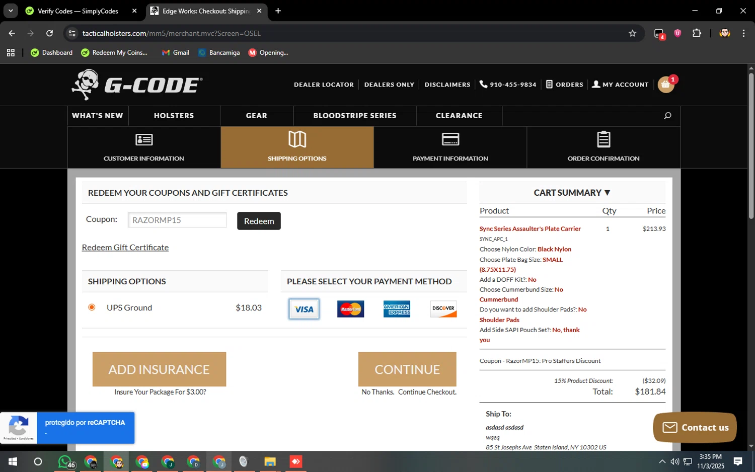 G-Code Holsters promo code screenshot showing code RAZORMP15 applied at G-Code Holsters checkout page. Uploaded by SimplyCodes community member ArizaJuan on Nov 3, 2025