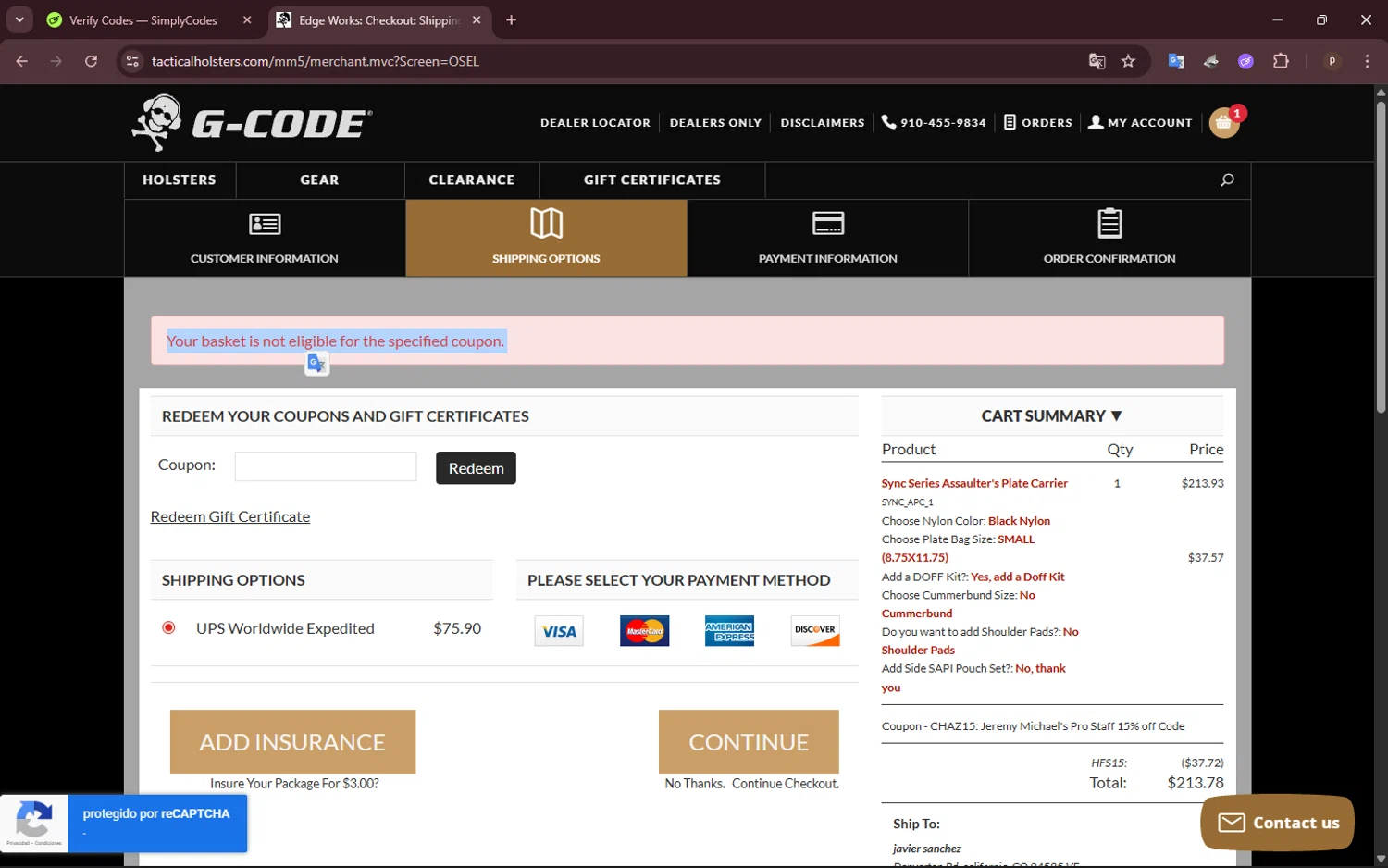 G-Code Holsters promo code screenshot showing code CHAZ15 applied at G-Code Holsters checkout page. Uploaded by SimplyCodes community member NobleShopper9818 on Feb 11, 2026