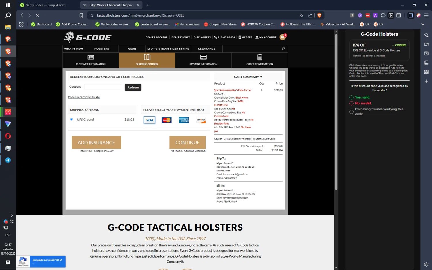 G-Code Holsters promo code screenshot showing code CHAZ15 applied at G-Code Holsters checkout page. Uploaded by SimplyCodes community member IronMind4607 on Oct 18, 2025