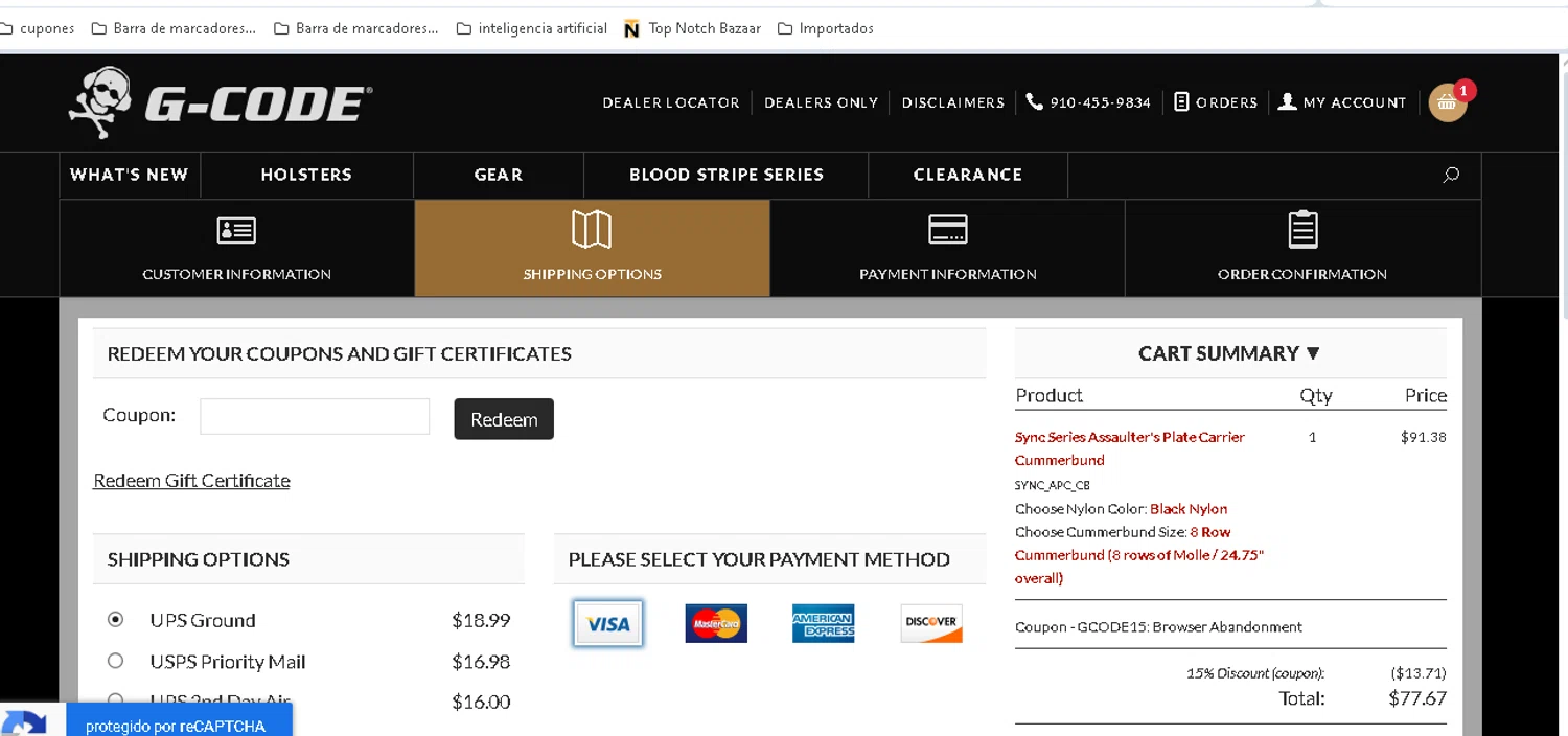 G-Code Holsters promo code screenshot showing code GCODE15 applied at G-Code Holsters checkout page. Uploaded by SimplyCodes community member shark12 on Nov 11, 2025