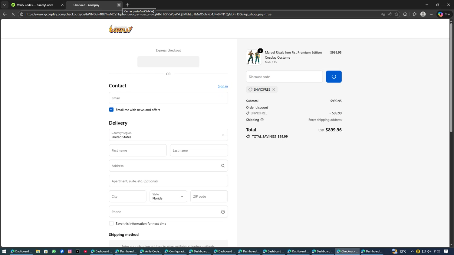 Gcosplay promo code screenshot showing code ENVIOFREE applied at Gcosplay checkout page. Uploaded by SimplyCodes community member SwiftSage2309 on Feb 1, 2026