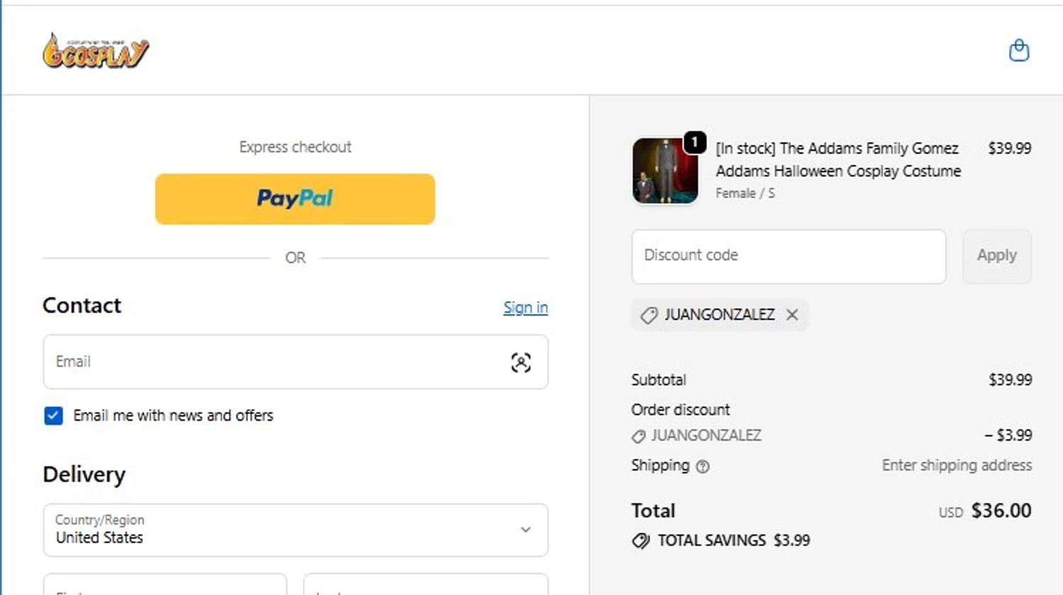 Gcosplay promo code screenshot showing code JUANGONZALEZ applied at Gcosplay checkout page. Uploaded by SimplyCodes community member mandrakke on Jun 1, 2026