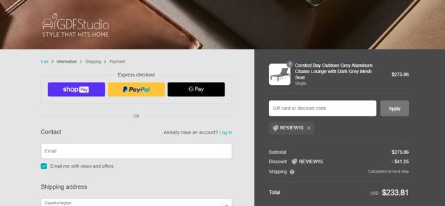 Gdf Studio checkout page showing Gdf Studio promo code box | Screenshot taken by SimplyCodes community member on Jun 30, 2023
