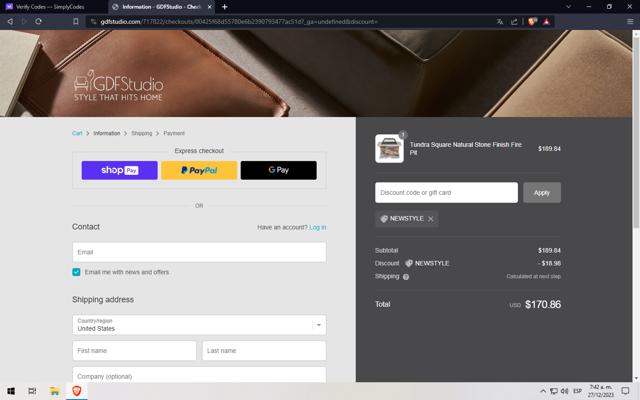 Gdf Studio checkout page showing Gdf Studio promo code box | Screenshot taken by SimplyCodes community member on Dec 27, 2023