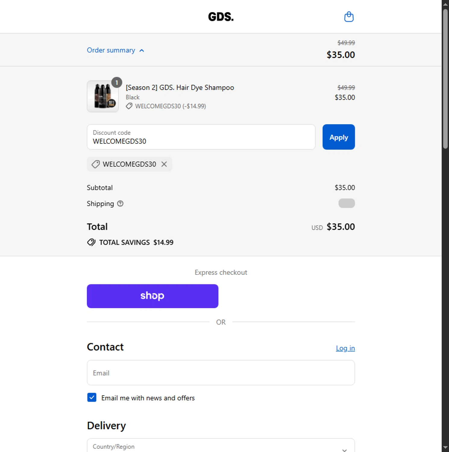 GDS Hair checkout page showing GDS Hair promo code box | Screenshot taken by SimplyCodes community member on Sep 5, 2025