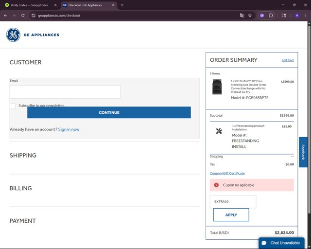GE Appliances checkout page showing GE Appliances coupon code box | Screenshot taken by SimplyCodes community member on Aug 5, 2025
