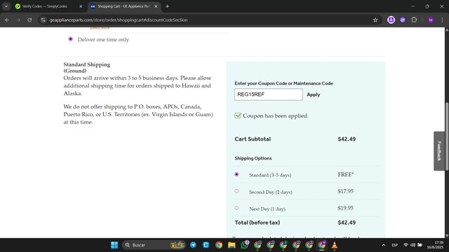 GE Appliance Parts checkout page showing GE Appliance Parts coupon code box | Screenshot taken by SimplyCodes community member on Aug 16, 2025