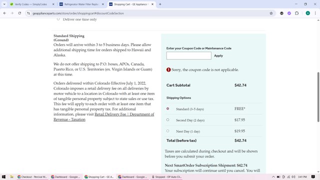 GE Appliance Parts checkout page showing GE Appliance Parts coupon code box | Screenshot taken by SimplyCodes community member on Aug 28, 2025