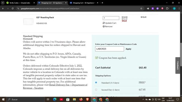 GE Appliance Parts checkout page showing GE Appliance Parts coupon code box | Screenshot taken by SimplyCodes community member on Sep 13, 2025