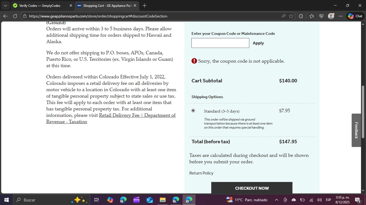 GE Appliance Parts coupon code screenshot showing code thanks25 applied at GE Appliance Parts checkout page. Uploaded by SimplyCodes community member BudgetPro6018 on Dec 8, 2025